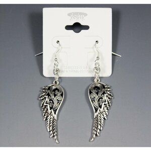Icon Collection Silver Tone/Black Tailored Angel Wing Earrings Pierced 2.5" NEW